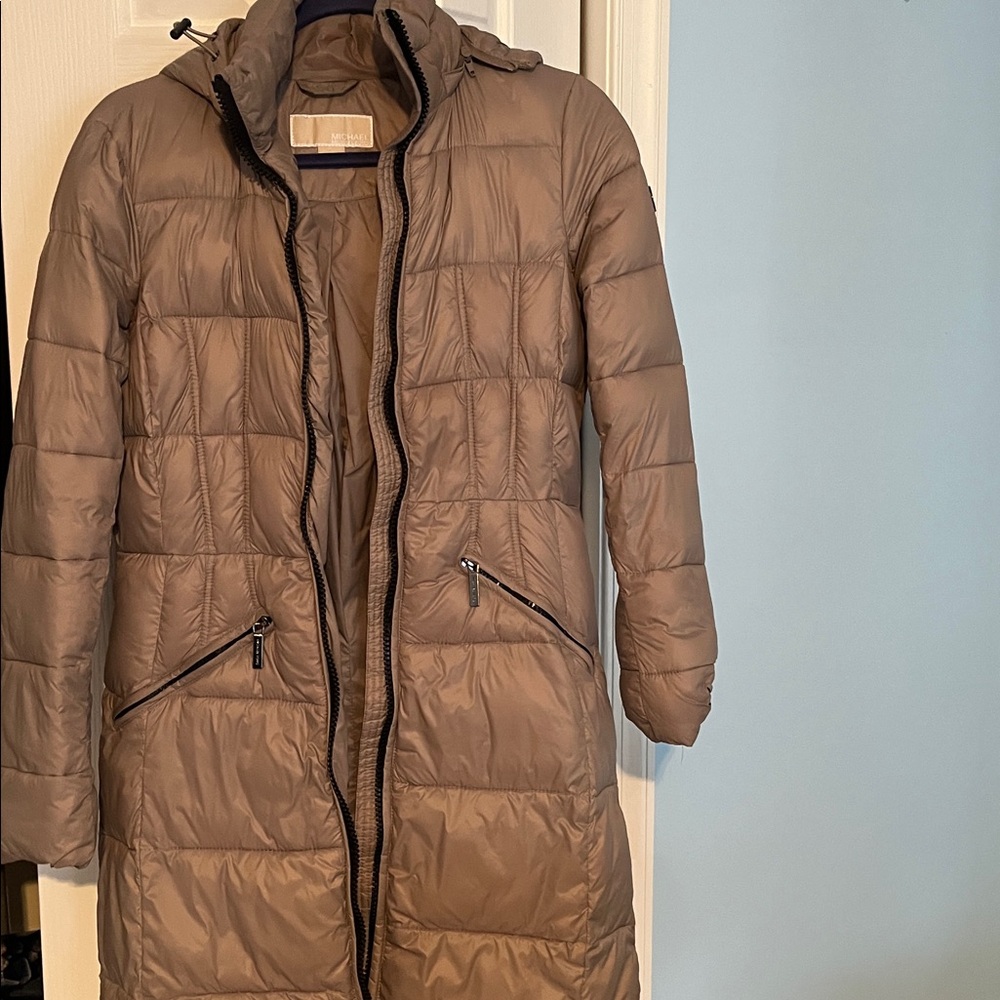 Michael Kors tan quilted long hooded coat S